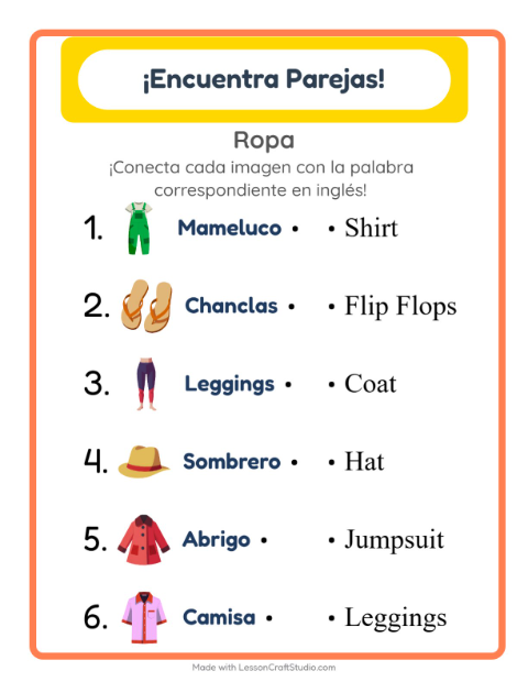 Une imágenes y palabras en inglés – Ropa