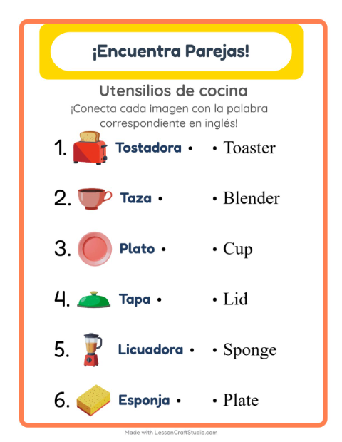 Une imágenes y palabras en inglés – Utensilios De Cocina