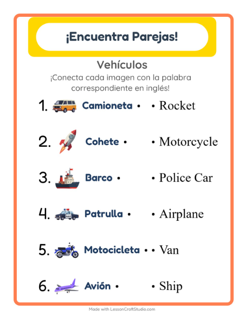 Une imágenes y palabras en inglés – Vehículos