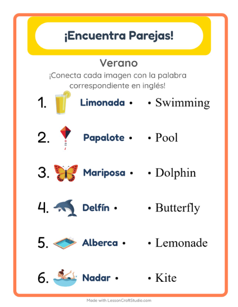 Une imágenes y palabras en inglés – Verano