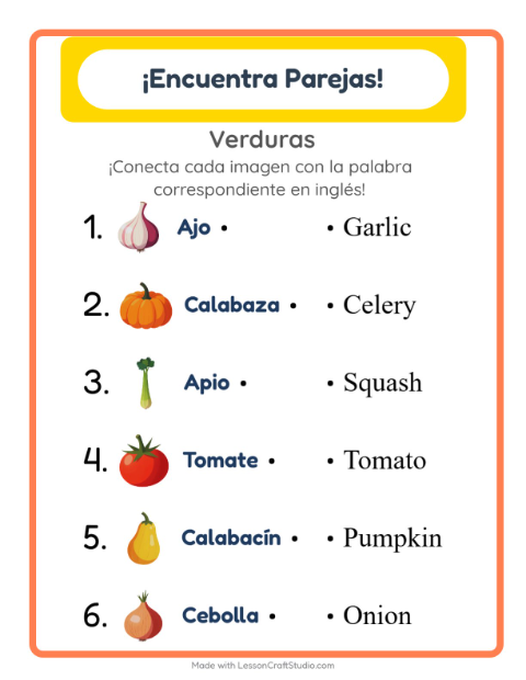 Une imágenes y palabras en inglés – Verduras