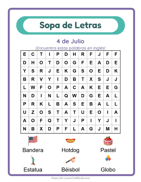 Sopa de letras en inglés con imágenes – Cuatro De Julio