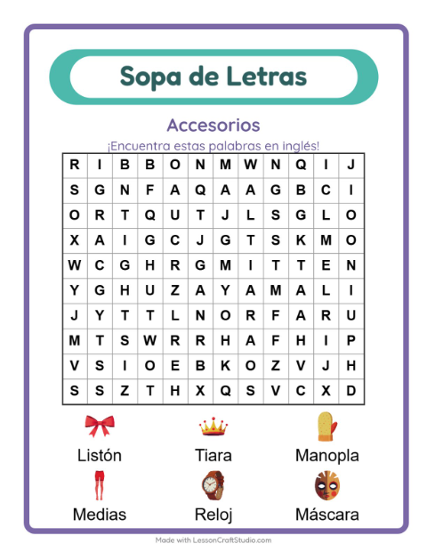 Vista previa de Aprender inglés: Accesorios – sopa de letras para niños