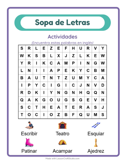 Sopa de letras en inglés con imágenes – Acciones