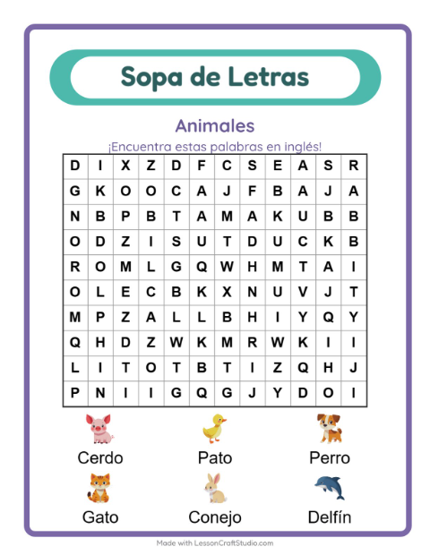 Vista previa de Aprender inglés: Animales – sopa de letras para niños