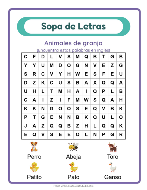 Sopa de letras en inglés con imágenes – Animales De Granja