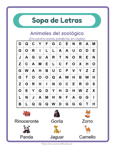 Sopa de letras en inglés con imágenes – Animales Del Zoológico