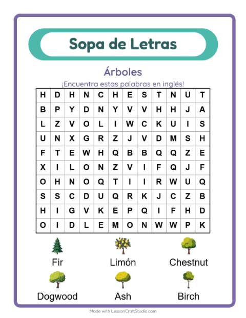 Vista previa de Aprender inglés: Árboles – sopa de letras para niños