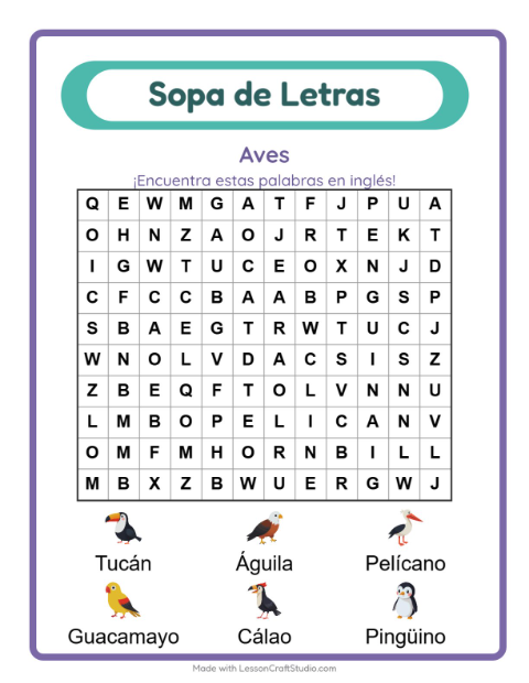 Sopa de letras en inglés con imágenes – Aves