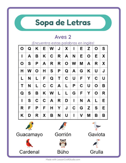 Sopa de letras en inglés con imágenes – Aves 2