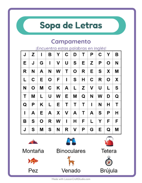 Sopa de letras en inglés con imágenes – Acampada