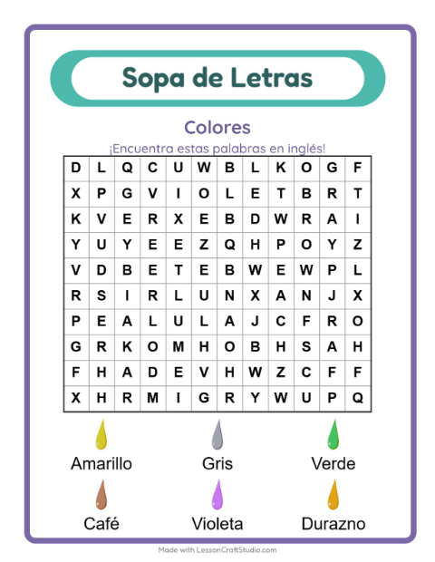 Sopa de letras en inglés con imágenes – Colores