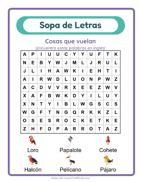 Vista previa de Aprender inglés: Cosas Que Vuelan – sopa de letras para niños