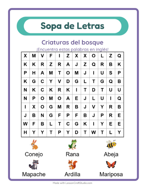 Sopa de letras en inglés con imágenes – Animales Del Bosque