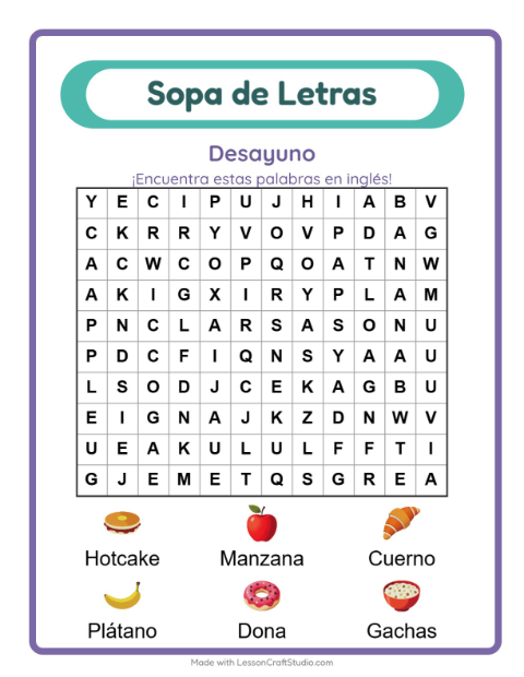 Sopa de letras en inglés con imágenes – Desayuno