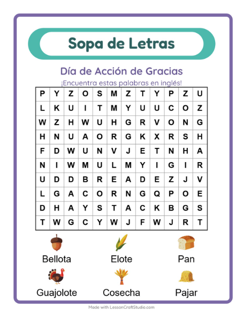 Sopa de letras en inglés con imágenes – Acción De Gracias