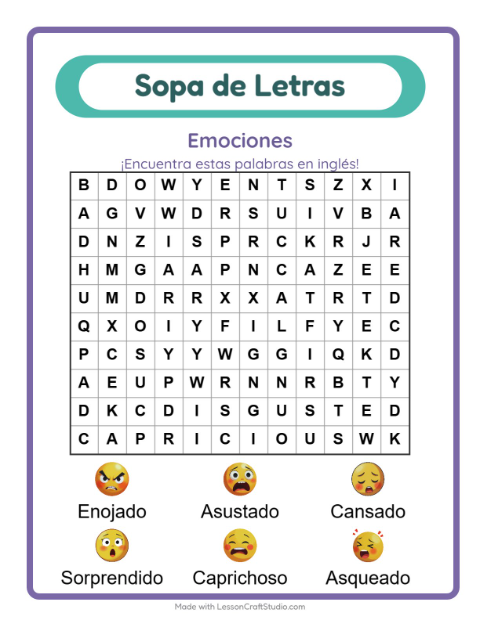 Vista previa de Aprender inglés: Emociones – sopa de letras para niños