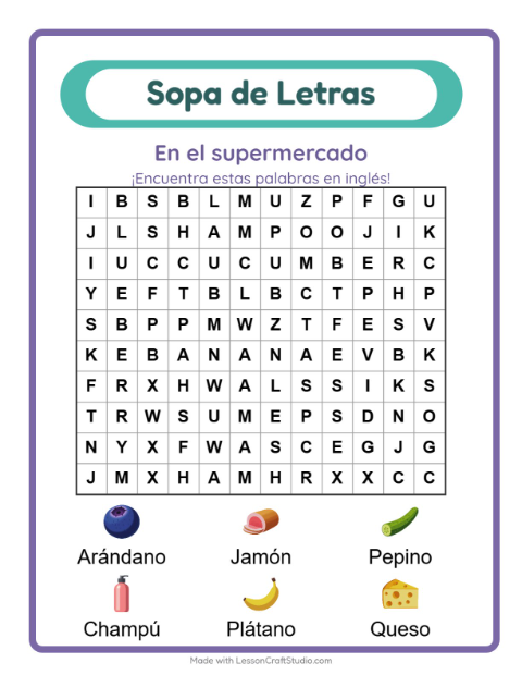 Sopa de letras en inglés con imágenes – En El Supermercado