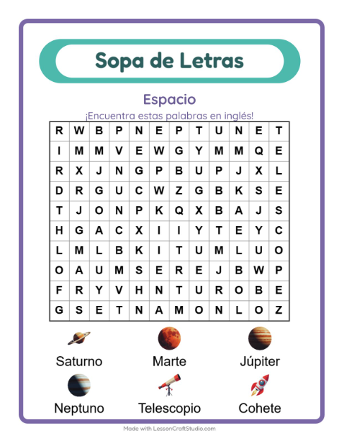 Vista previa de Aprender inglés: Espacio – sopa de letras para niños
