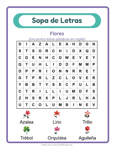 Sopa de letras en inglés con imágenes – Flores
