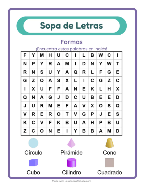 Vista previa de Aprender inglés: Formas – sopa de letras para niños