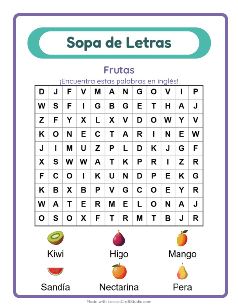 Sopa de letras en inglés con imágenes – Frutas