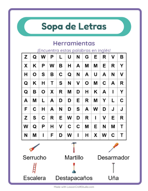 Sopa de letras en inglés con imágenes – Herramientas