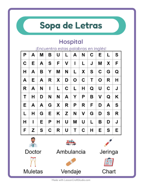 Sopa de letras en inglés con imágenes – Hospital