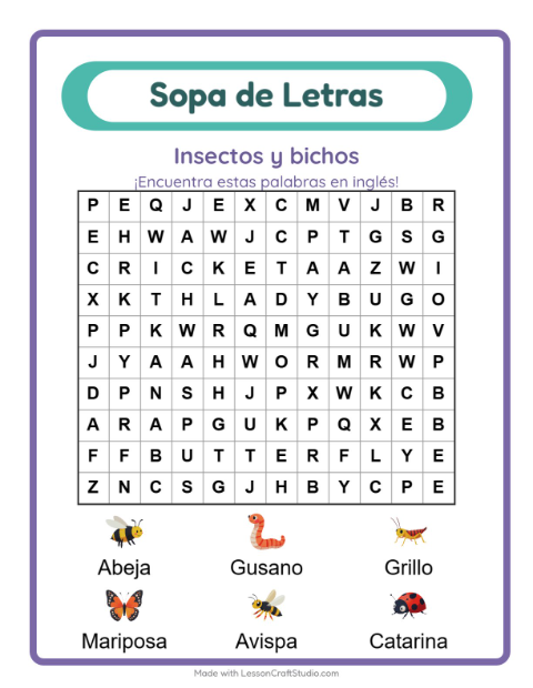 Sopa de letras en inglés con imágenes – Insectos Y Bichos