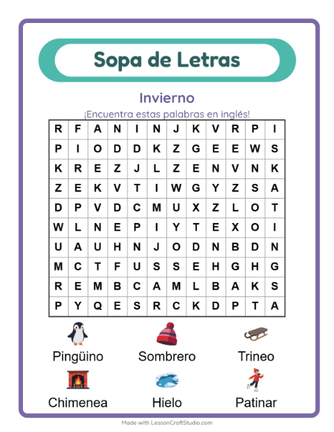 Sopa de letras en inglés con imágenes – Invierno