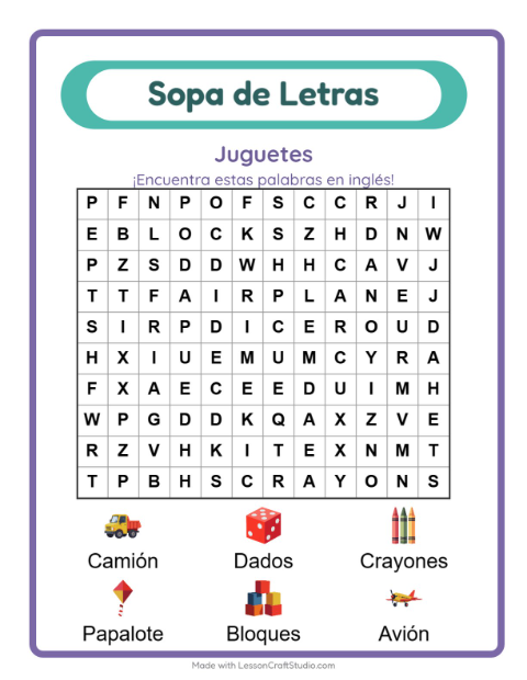 Sopa de letras en inglés con imágenes – Juguetes