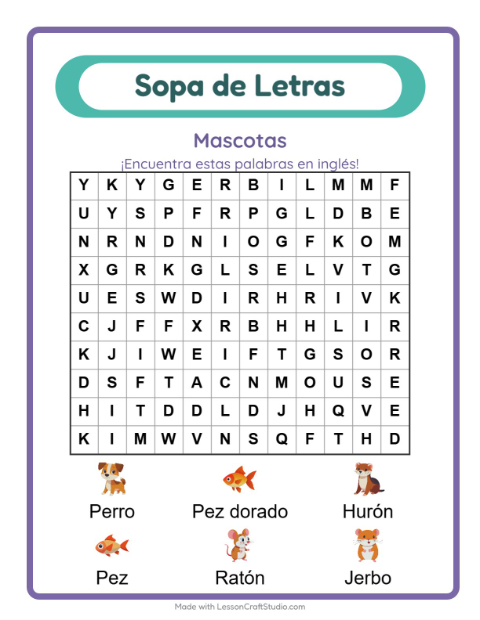 Sopa de letras en inglés con imágenes – Mascotas