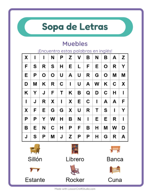 Sopa de letras en inglés con imágenes – Muebles