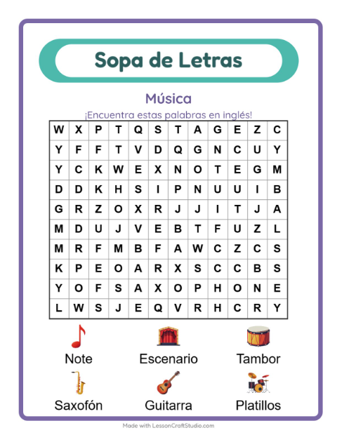 Sopa de letras en inglés con imágenes – Música