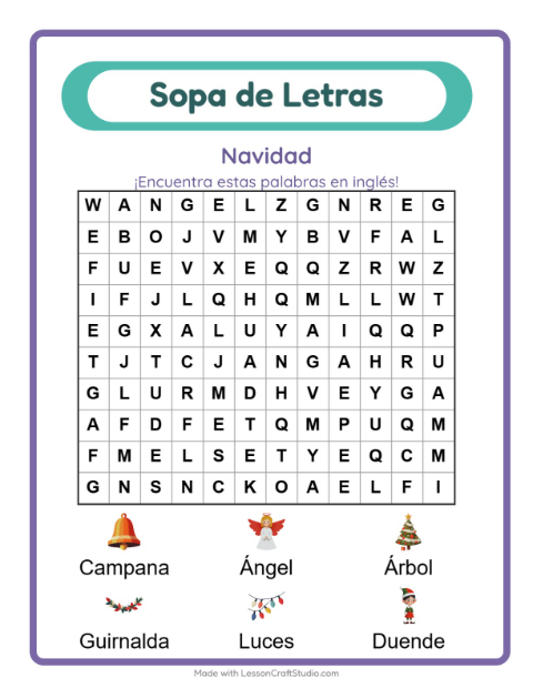 Sopa de letras en inglés con imágenes – Navidad