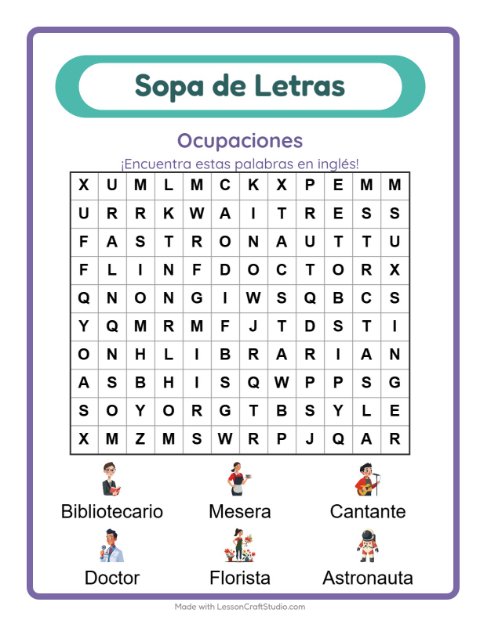 Sopa de letras en inglés con imágenes – Oficios