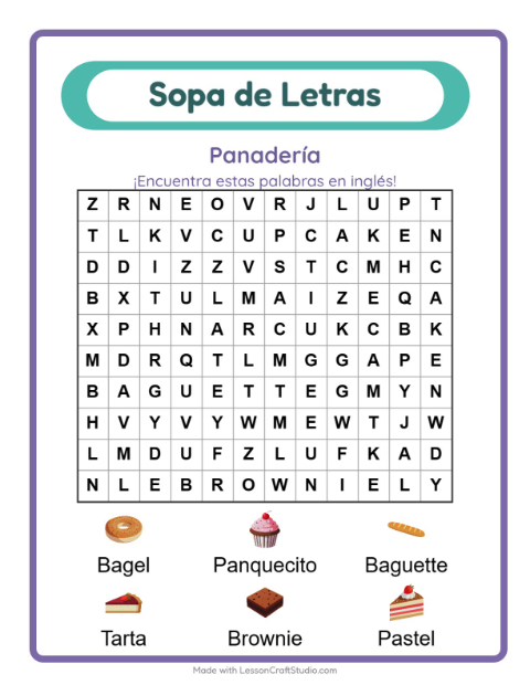 Sopa de letras en inglés con imágenes – Panadería