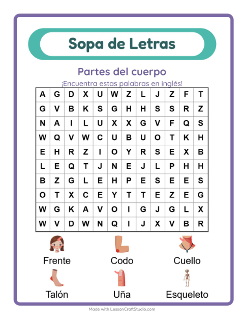 Sopa de letras en inglés con imágenes – Partes Del Cuerpo