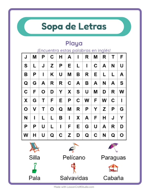 Vista previa de Aprender inglés: Playa – sopa de letras para niños