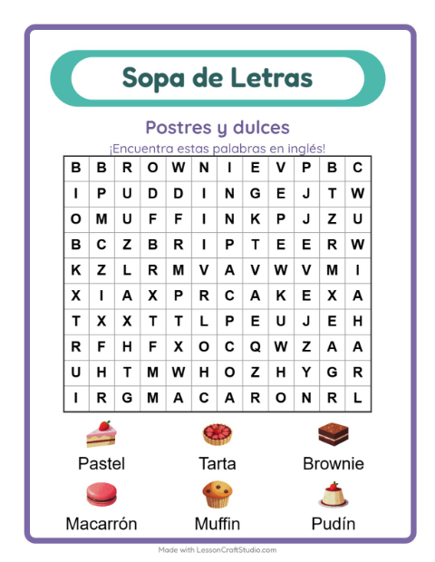 Sopa de letras en inglés con imágenes – Postres Y Dulces