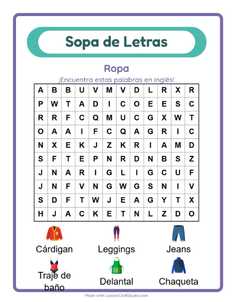 Sopa de letras en inglés con imágenes – Ropa
