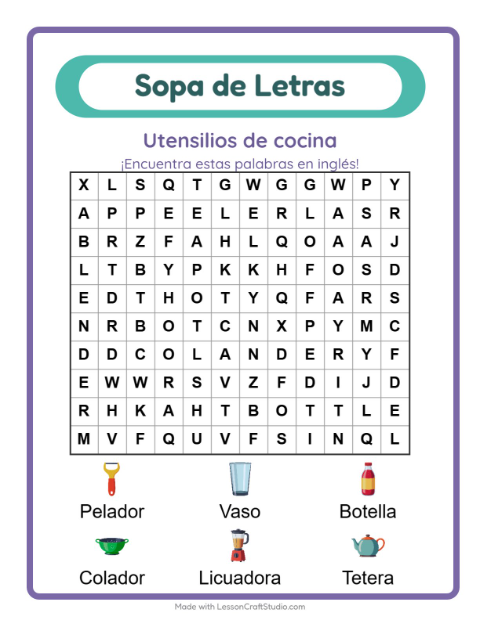 Sopa de letras en inglés con imágenes – Utensilios De Cocina