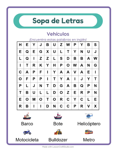 Vista previa de Aprender inglés: Vehículos – sopa de letras para niños
