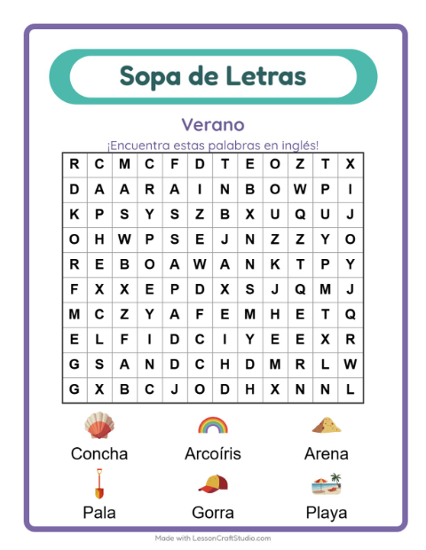 Sopa de letras en inglés con imágenes – Verano
