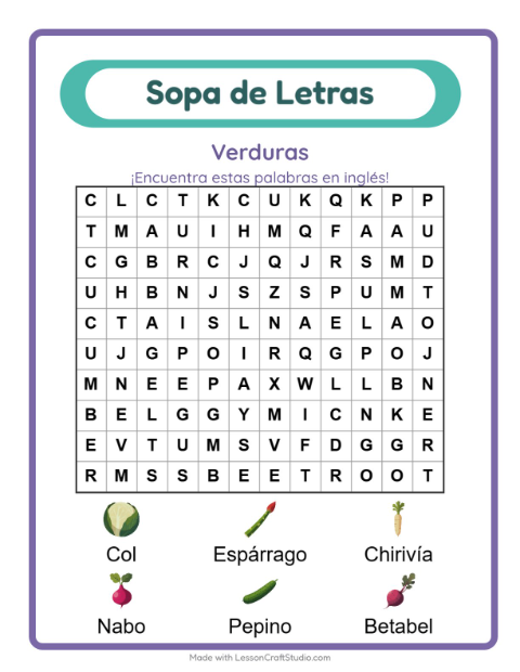 Sopa de letras en inglés con imágenes – Verduras
