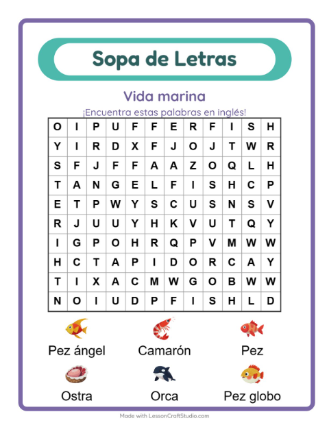 Sopa de letras en inglés con imágenes – Vida Marina