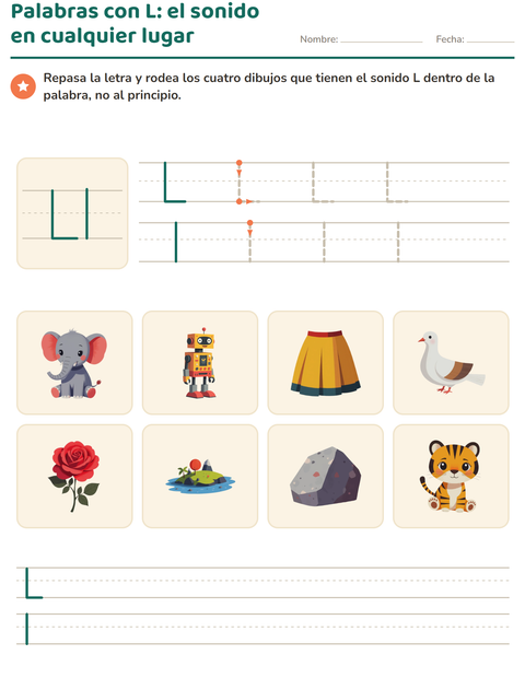 Palabras con la letra dentro: el sonido no está al principio — preescolar