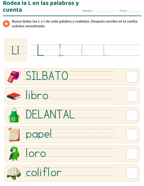 Rodea la letra en las palabras y cuenta: seis palabras impresas — preescolar