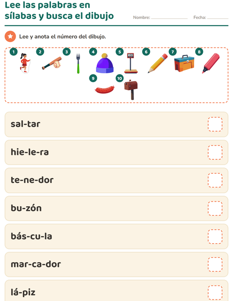 Vista previa de la hoja de Lectura de sílabas para grado 1
