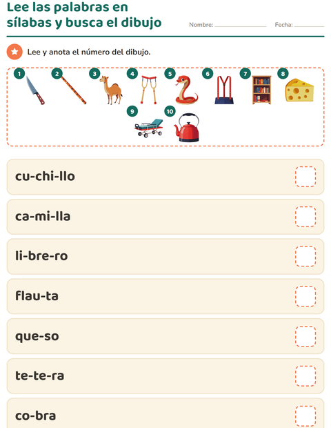 Vista previa de la hoja de Lectura de sílabas para grado 1